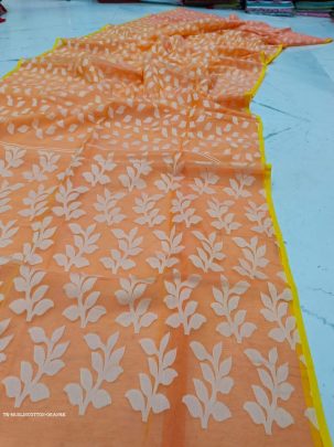 Orange Purple Pearl Print Jharapata Muslin Cotton Soft Jamdani Saree