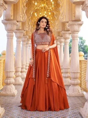 Orange Rangoli Silk Lehenga With Heavy Blouse And Shrug 