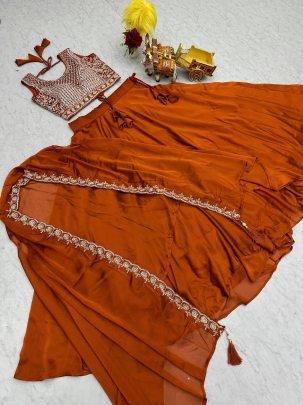 Orange Rangoli Silk Lehenga With Heavy Blouse And Shrug