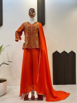 Orange Sequance Embroidery Work With Plazzo And Dupatta Set