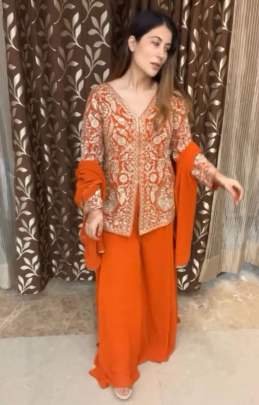 Orange Sequance Embroidery Work With Plazzo And Dupatta Set