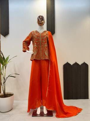 Orange Sequance Embroidery Work With Plazzo And Dupatta Set