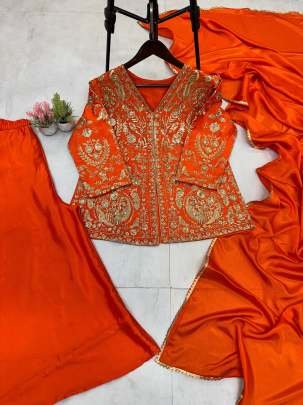 Orange Sequance Embroidery Work With Plazzo And Dupatta Set