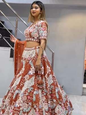 Orange Sequins Embroidery Work Butterfly Net Lehenga Choli