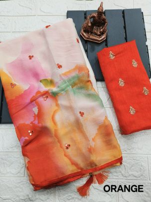 Orange Shibori Printed Chiffon Saree With Mirror Work