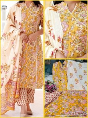 Organic REYON Cotton Angrakha pattern Trendy kurti Pant Dupatta Set