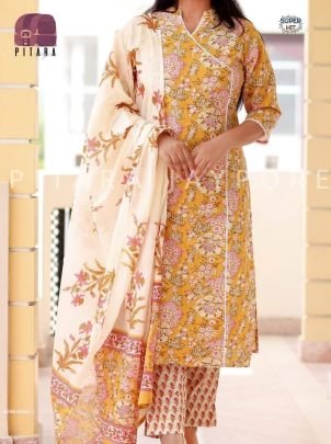 Organic REYON Cotton Angrakha pattern Trendy kurti Pant Dupatta Set