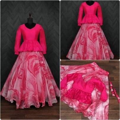 Organza Digital printed Pink Lehenga With Peplum Blouse