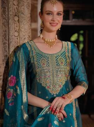 Organza Rama Colour Kurti Pant Dupatta Set