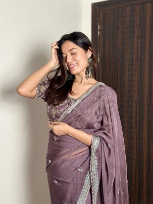 Organza Saree With Heavy Embroidery Zari Sequence Work