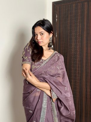 Organza Saree With Heavy Embroidery Zari Sequence Work