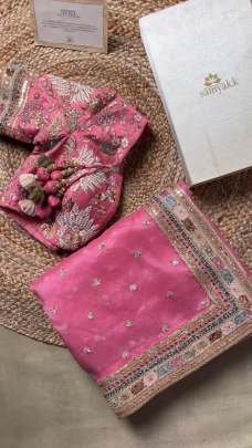 Organza Silk Embroidery Work Pink Saree