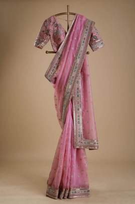 Organza Silk Embroidery Work Pink Saree