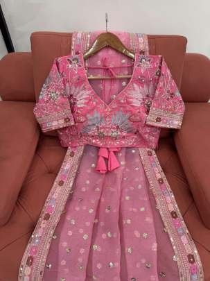 Organza Silk Embroidery Work Pink Saree