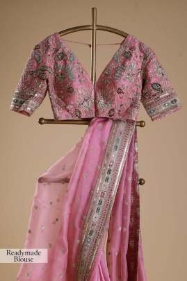 Organza Silk Embroidery Work Pink Saree