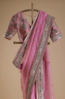 Organza Silk Embroidery Work Pink Saree