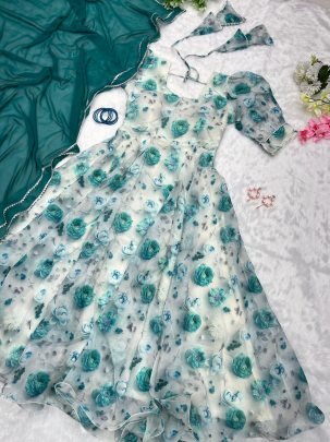 Organza Silk Party Wear Green Gown With Dupatta