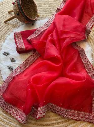 Organza Silk Red Diamond And Sequence Work Party Wear Saree