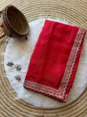 Organza Silk Red Diamond And Sequence Work Party Wear Saree