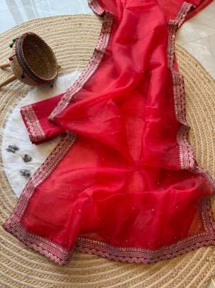 Organza Silk Red Diamond And Sequence Work Party Wear Saree