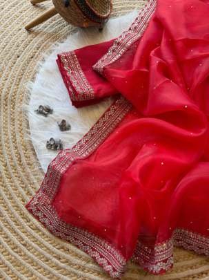 Organza Silk Red Diamond And Sequence Work Party Wear Saree