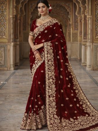 Original Gold Beaded Maroon Space Silk Saree For Wedding 