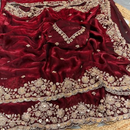 Original Gold Beaded Maroon Space Silk Saree For Wedding