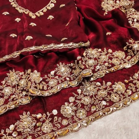 Original Gold Beaded Maroon Space Silk Saree For Wedding