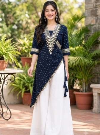 Original Mirror Lace Work Blue Colour Top With Pant