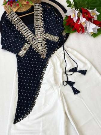 Original Mirror Lace Work Blue Colour Top With Pant