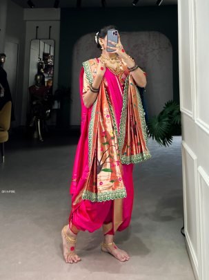 Paithani Pink Jacquard Silk Saree with Dupatta