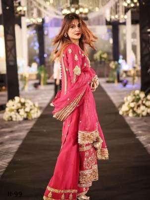 Pakistani Chinon Silk Red Kurtis Sharara Set With Zari Embroidery Work