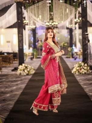 Pakistani Chinon Silk Red Kurtis Sharara Set With Zari Embroidery Work