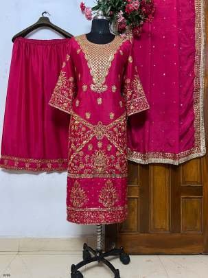 Pakistani Chinon Silk Red Kurtis Sharara Set With Zari Embroidery Work