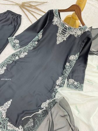 Pakistani Silk Embroidered Black Suit Set