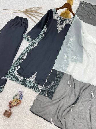 Pakistani Silk Embroidered Black Suit Set