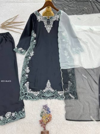 Pakistani Silk Embroidered Black Suit Set