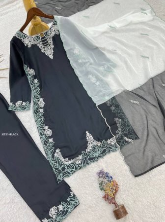 Pakistani Silk Embroidered Black Suit Set