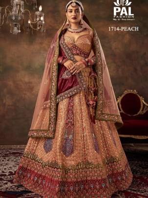 Pal Heavy Designer Velvet Bridal Lehenga with Zarkan and Hand work - Peach 1714