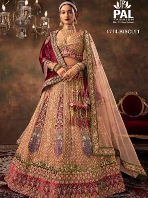 Pal Heavy Designer Velvet Bridal Lehenga with Zarkan and Hand work - Biscuit 1714