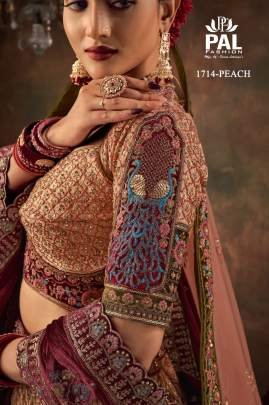 Pal Heavy Designer Velvet Bridal Lehenga with Zarkan and Hand work - Peach 1714