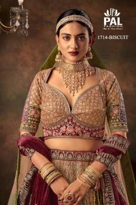 Pal Heavy Designer Velvet Bridal Lehenga with Zarkan and Hand work - Biscuit 1714