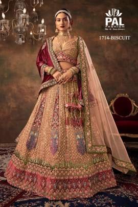 Pal Heavy Designer Velvet Bridal Lehenga with Zarkan and Hand work - Biscuit 1714