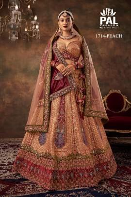 Pal Heavy Designer Velvet Bridal Lehenga with Zarkan and Hand work - Peach 1714