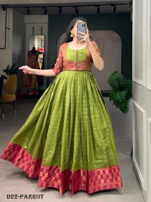 Parrot Color Zari Weaving Work With Zari Chex Wedding Dress