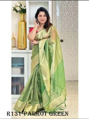 Parrot Green Banarasi Tissue Silk Saree With Weaving Zari Work