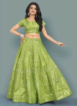 Parrot Green Colour Mirror With Heavy Embroidery Work Lehenga Choli