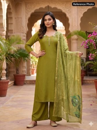 Parrot Green Daily Wear Mul Chanderi Kurti Pant Set