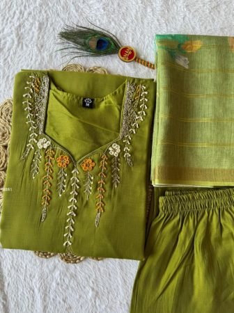Parrot Green Daily Wear Mul Chanderi Kurti Pant Set