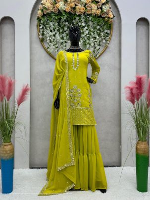 Parrot Green Designer Heavy Faux Georgette Sharara Suit